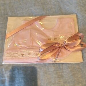 NWT Pink Baby Hat and Bib with Rose Detail